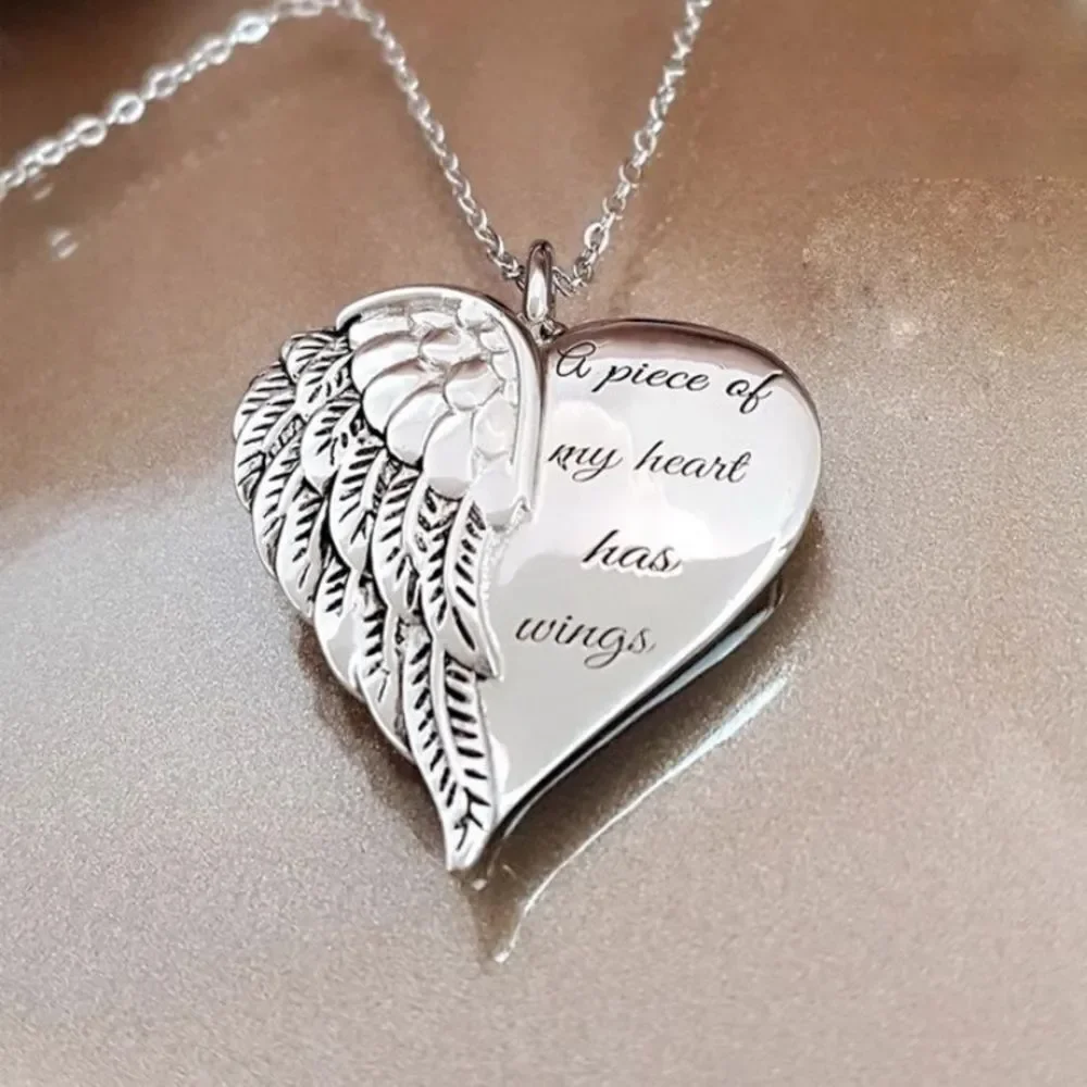 3for$20 1pc Angel Wing Pendant With English Slogan & Heart Shaped Necklace